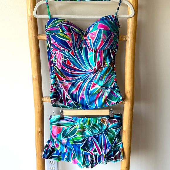 La Blanca Palm Opulence Bandeau Tankini Ruffle Skirted Bikini Bottom Swim Set 10